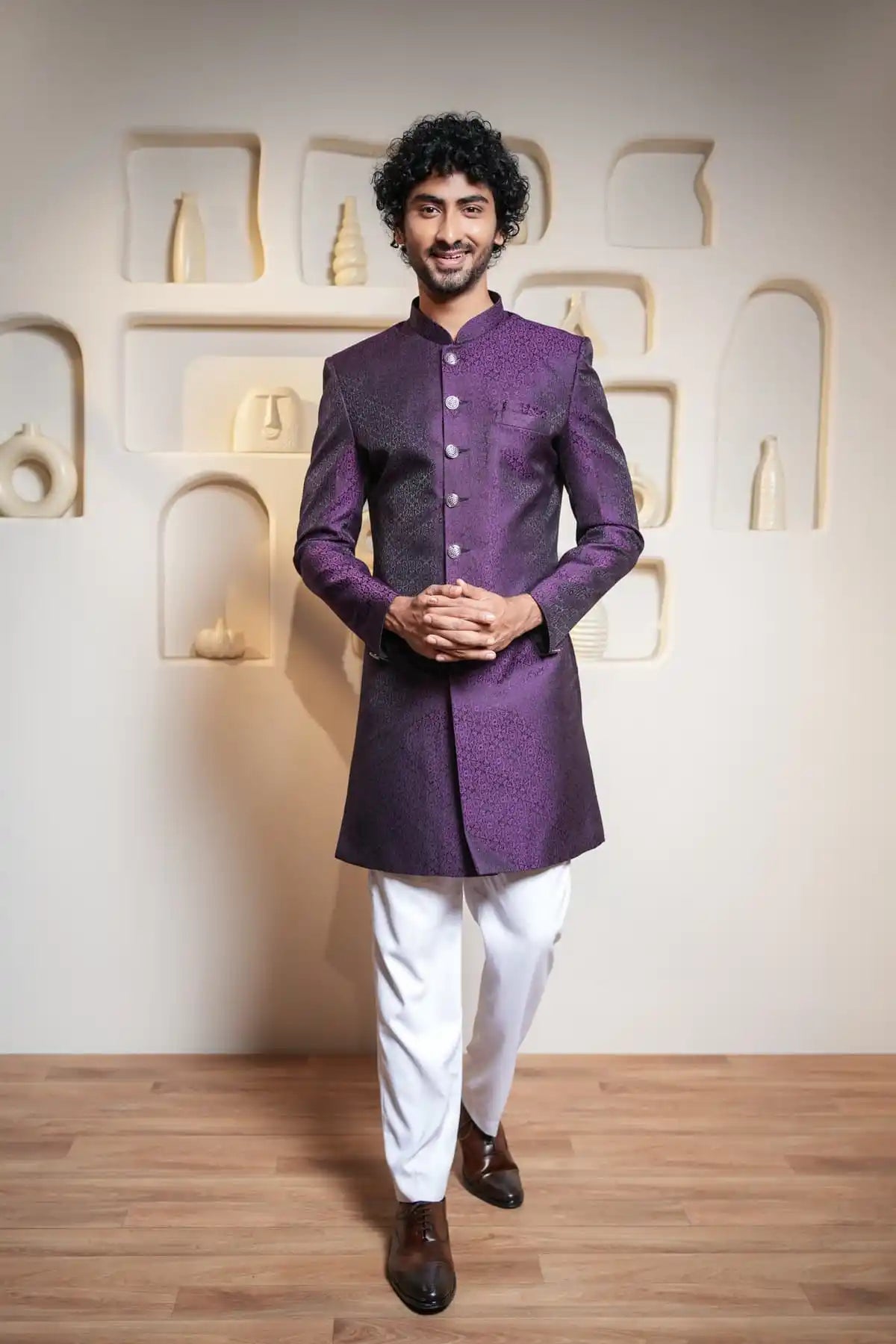 Royal Purple And Black Brocade Indo-Western Sherwani, Designer Jacquard Indo-Western - Kavarsa