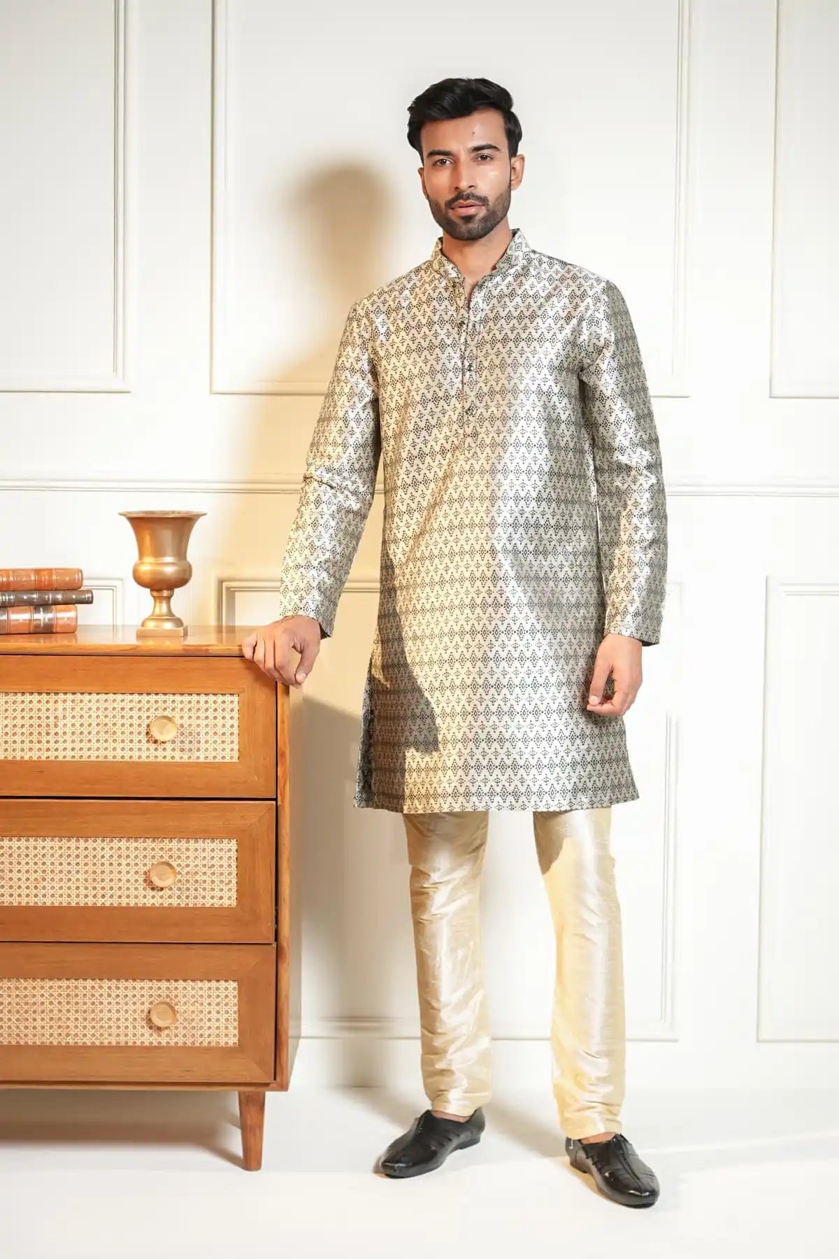 Silver Diamond Kurta, Designer Jacquard Kurta - Kavarsa