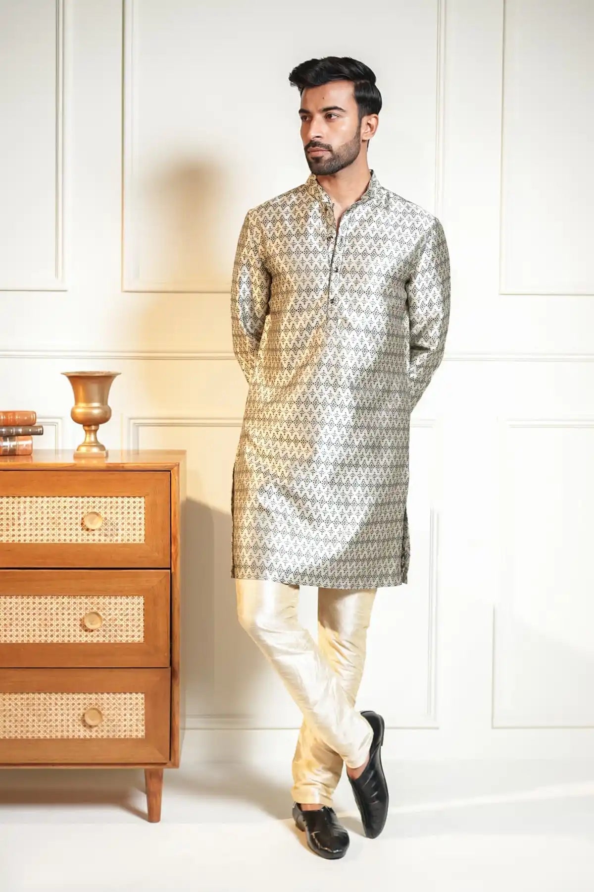 Silver Diamond Kurta, Designer Jacquard Kurta - Kavarsa