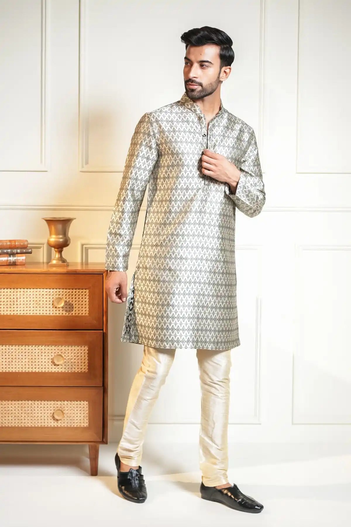 Silver Diamond Kurta, Designer Jacquard Kurta - Kavarsa