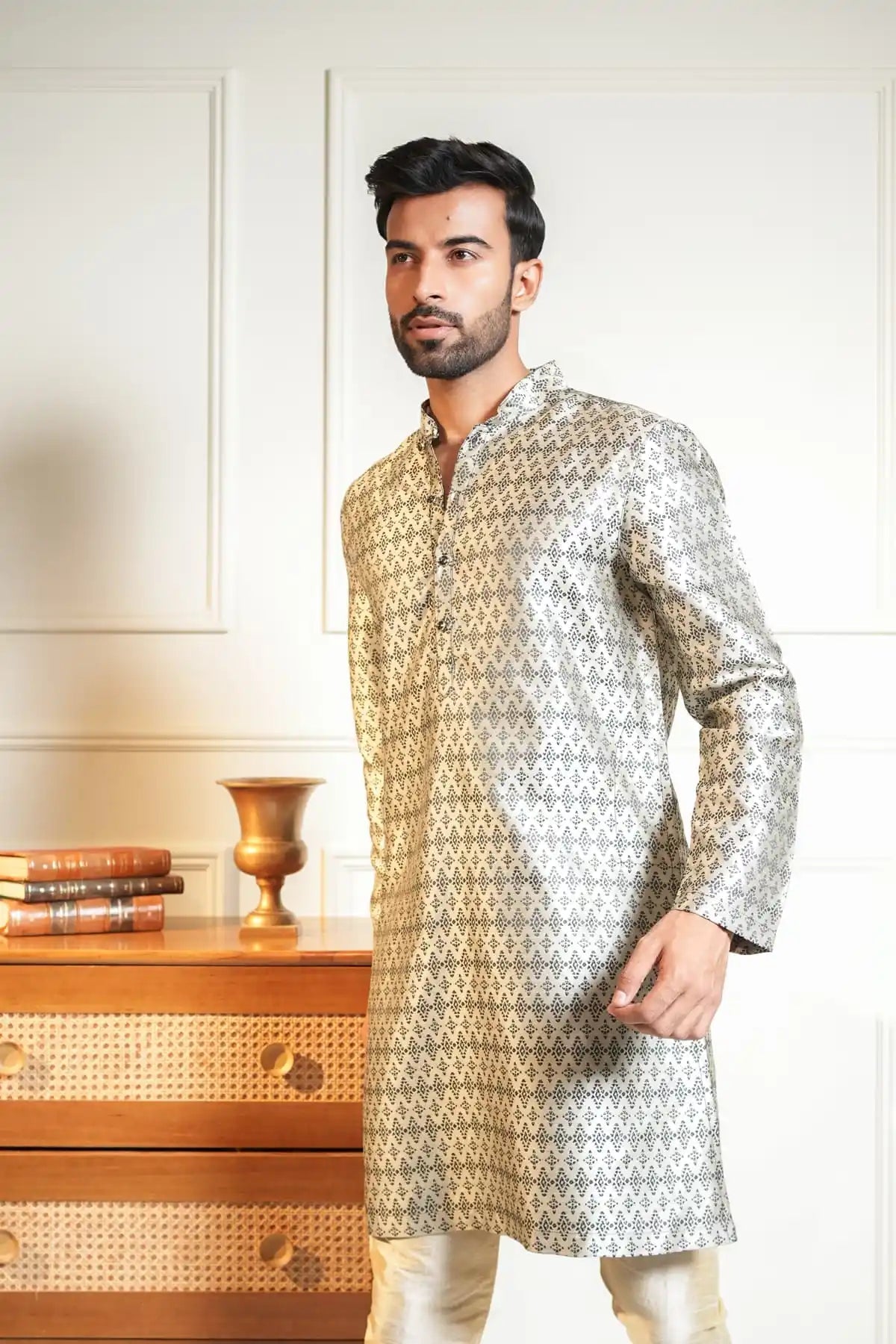 Silver Diamond Kurta, Designer Jacquard Kurta - Kavarsa