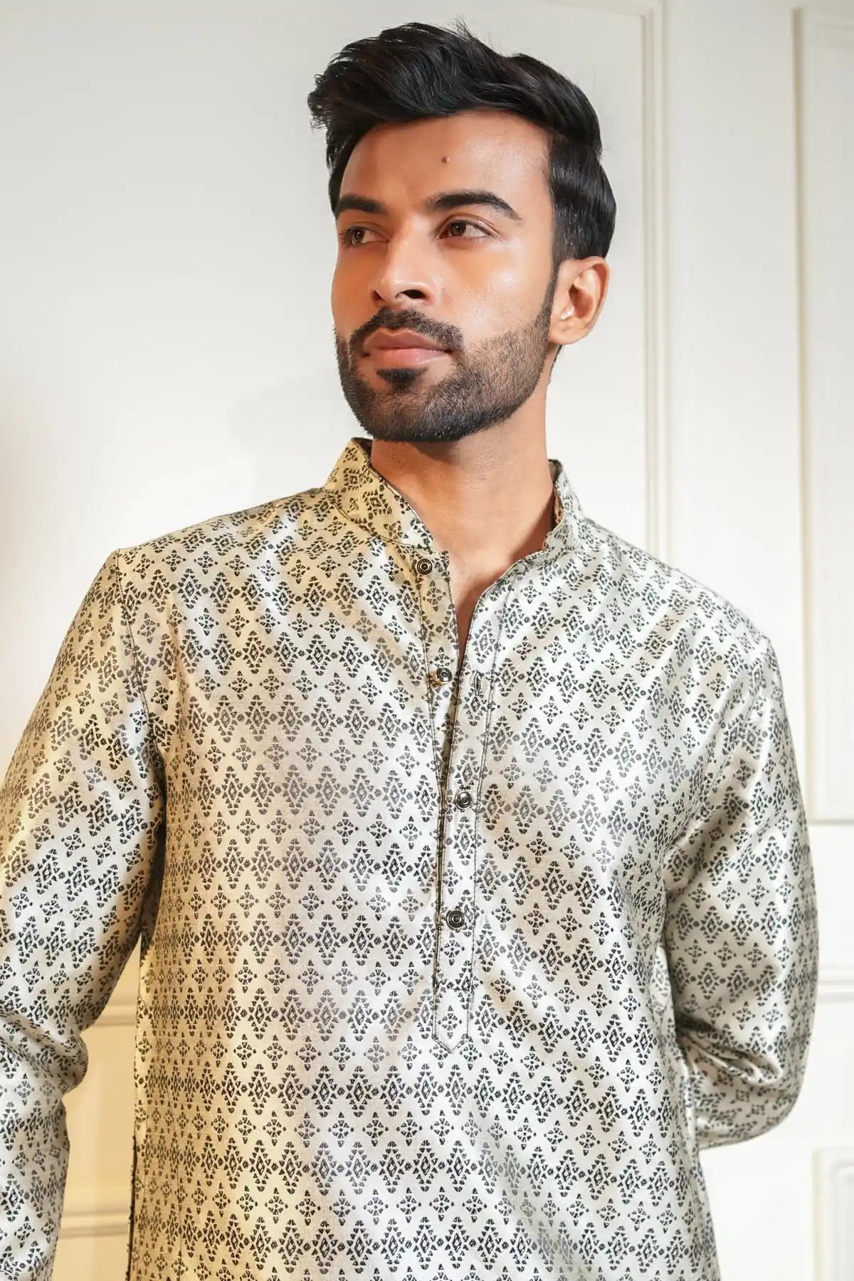 Silver Diamond Kurta, Designer Jacquard Kurta - Kavarsa