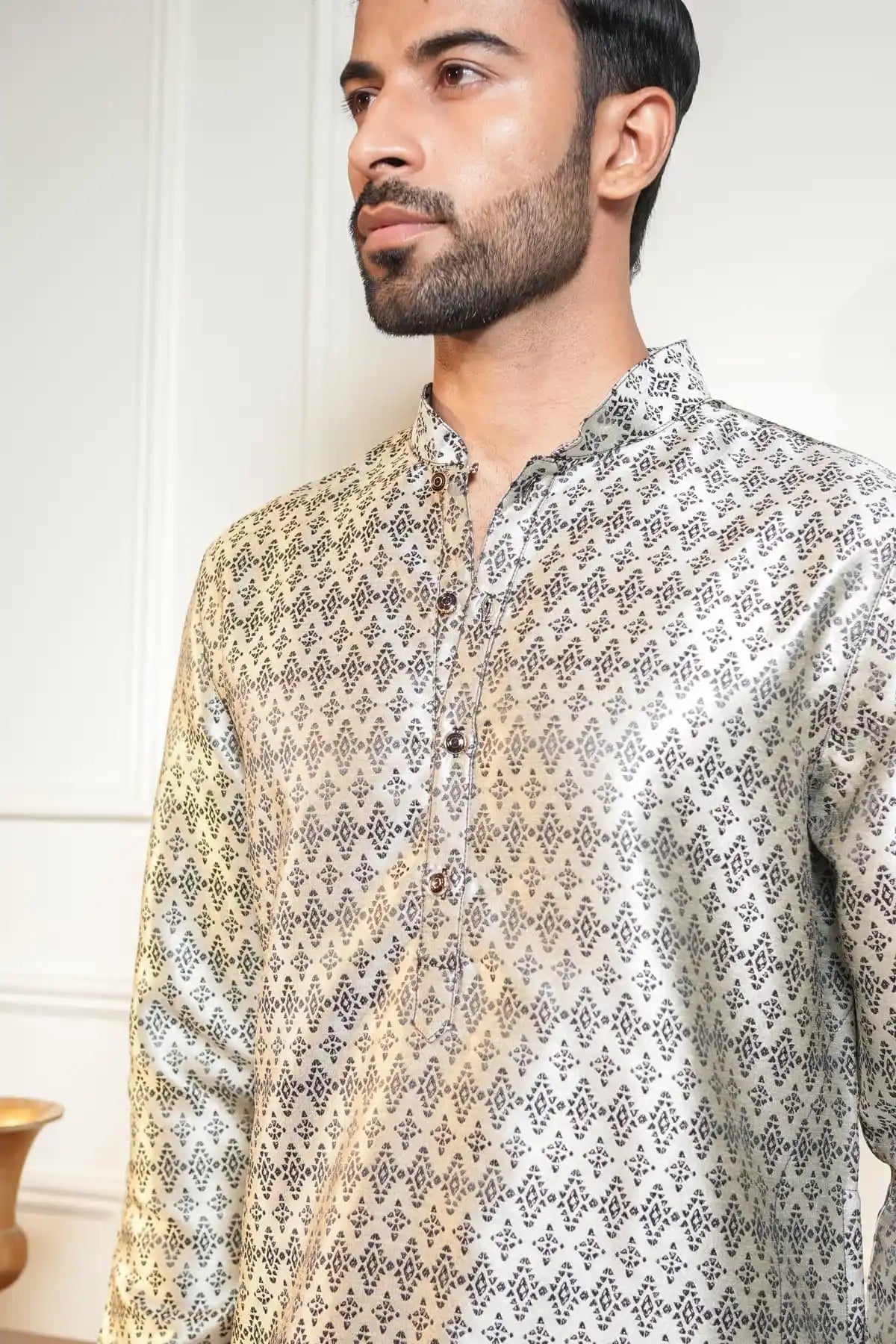 Silver Diamond Kurta, Designer Jacquard Kurta - Kavarsa