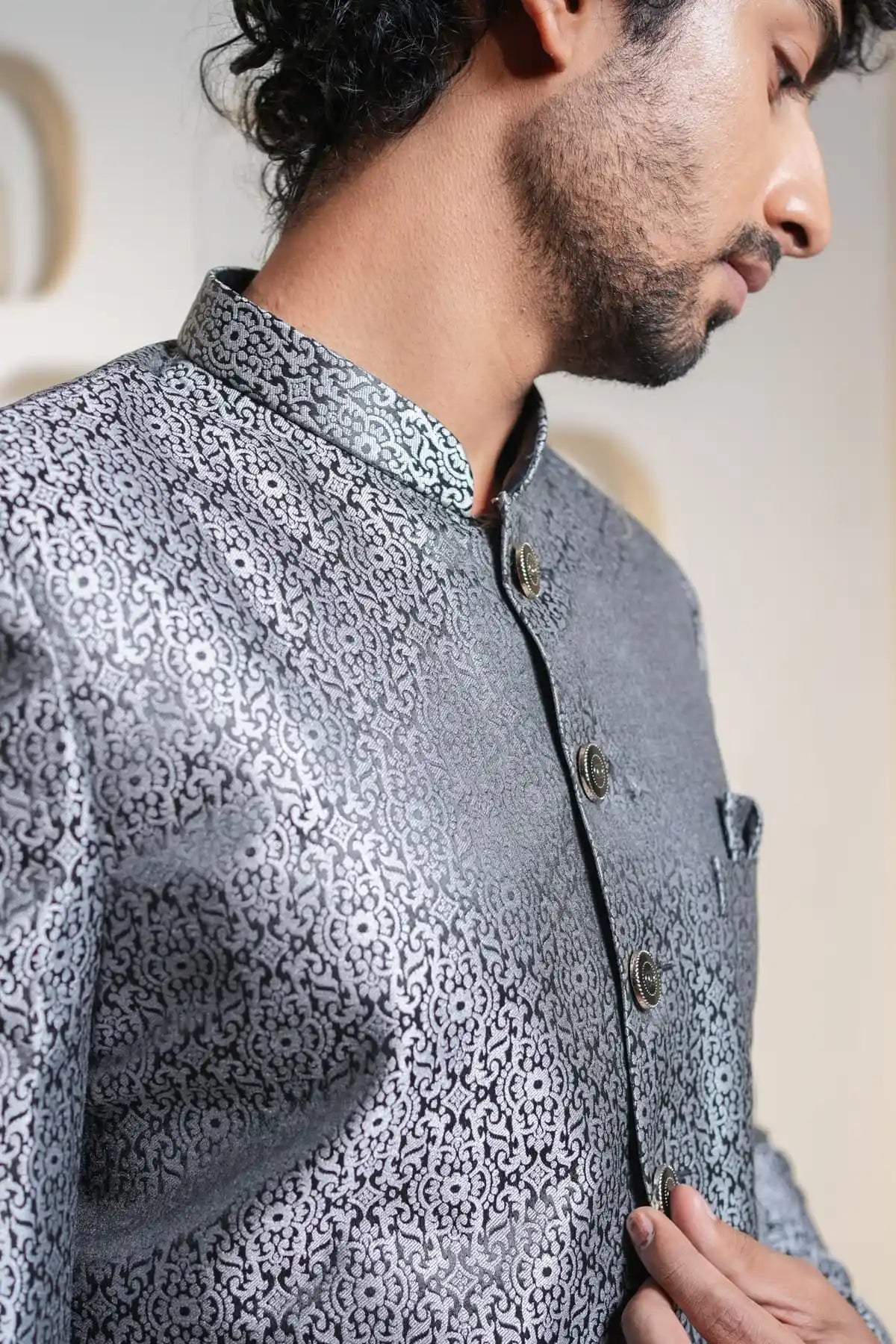 Silver Patterned Indo-Western, Designer Jacquard Indo-Western - Kavarsa
