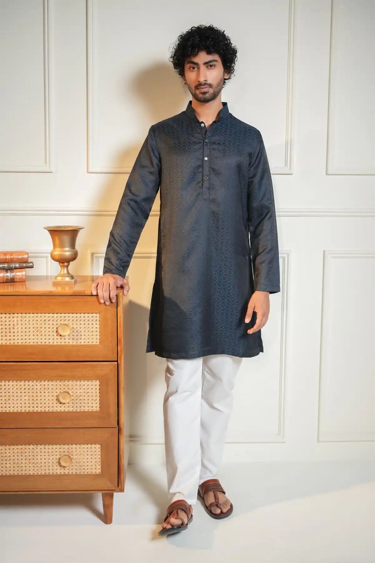 Sophisticated Black Textured Kurta With Diamond Pattern Design - Kavarsa