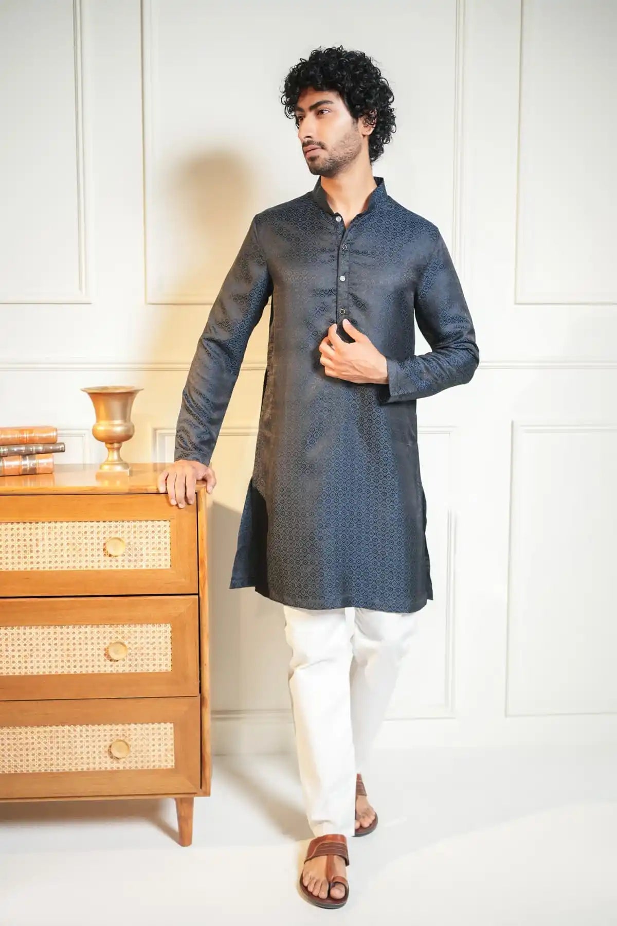 Sophisticated Black Textured Kurta With Diamond Pattern Design - Kavarsa