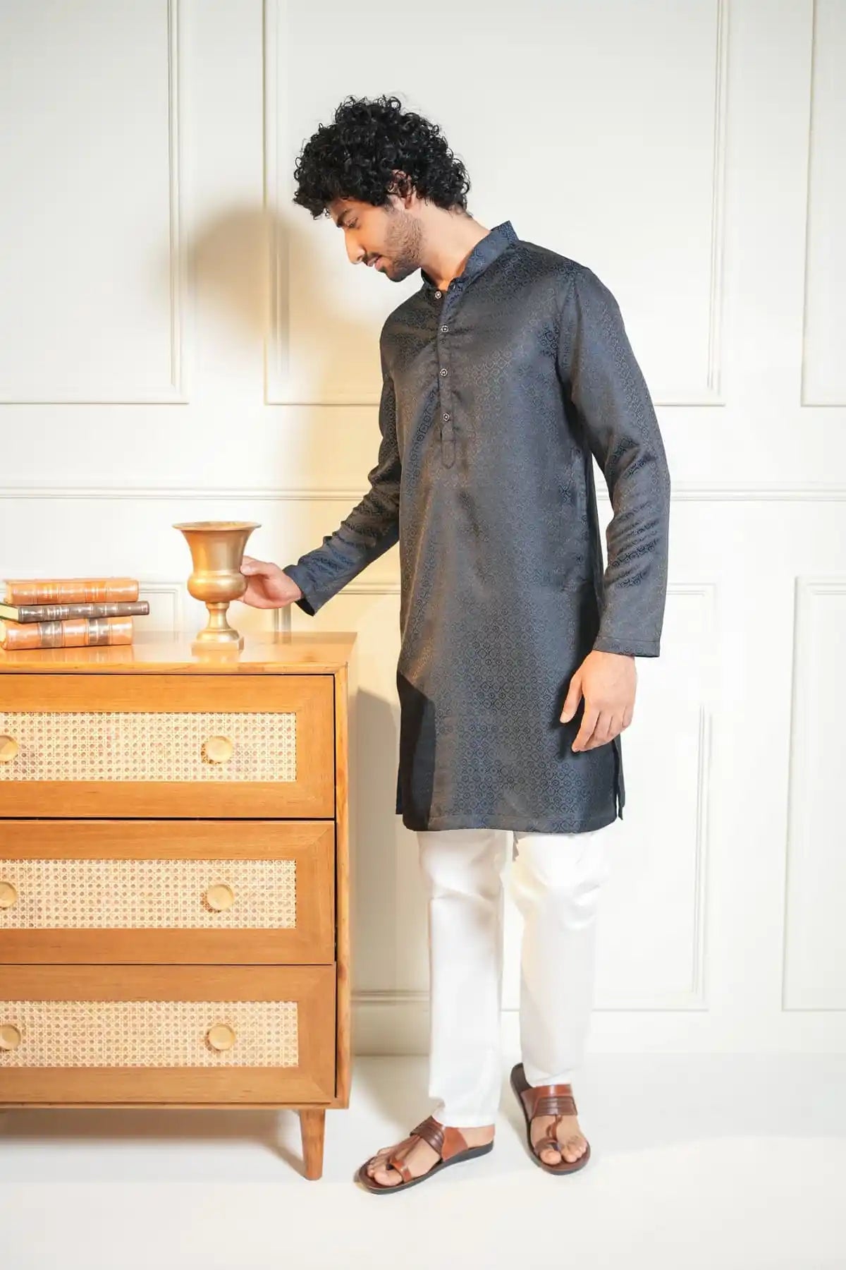 Sophisticated Black Textured Kurta With Diamond Pattern Design - Kavarsa