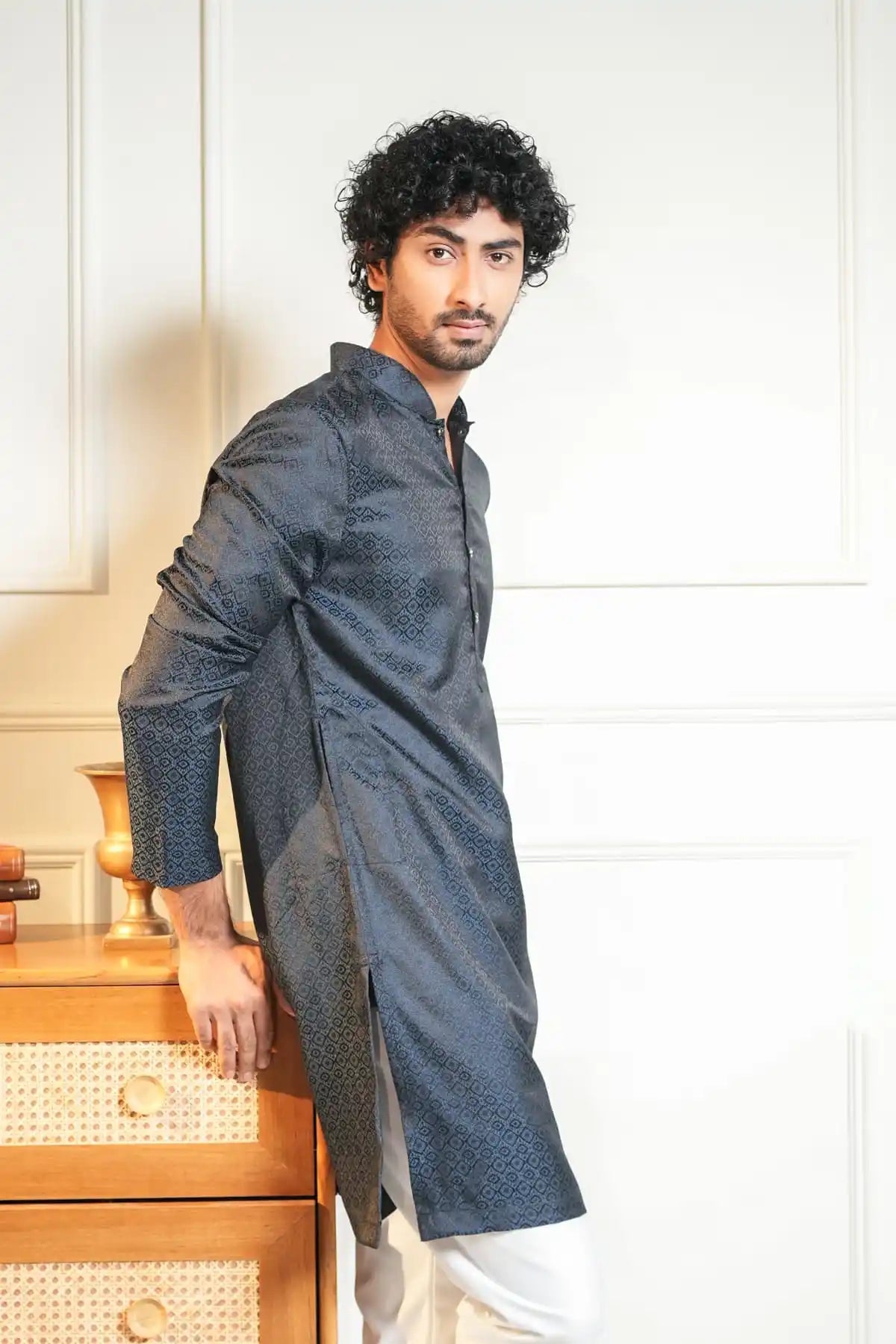 Sophisticated Black Textured Kurta With Diamond Pattern Design - Kavarsa