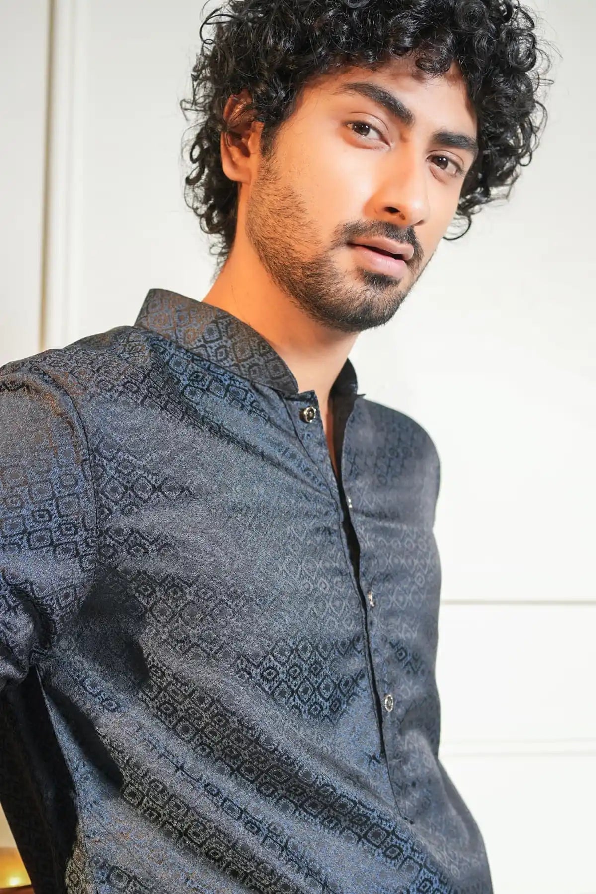 Sophisticated Black Textured Kurta With Diamond Pattern Design - Kavarsa