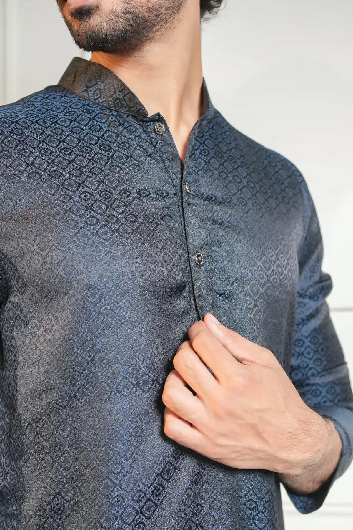 Sophisticated Black Textured Kurta With Diamond Pattern Design - Kavarsa
