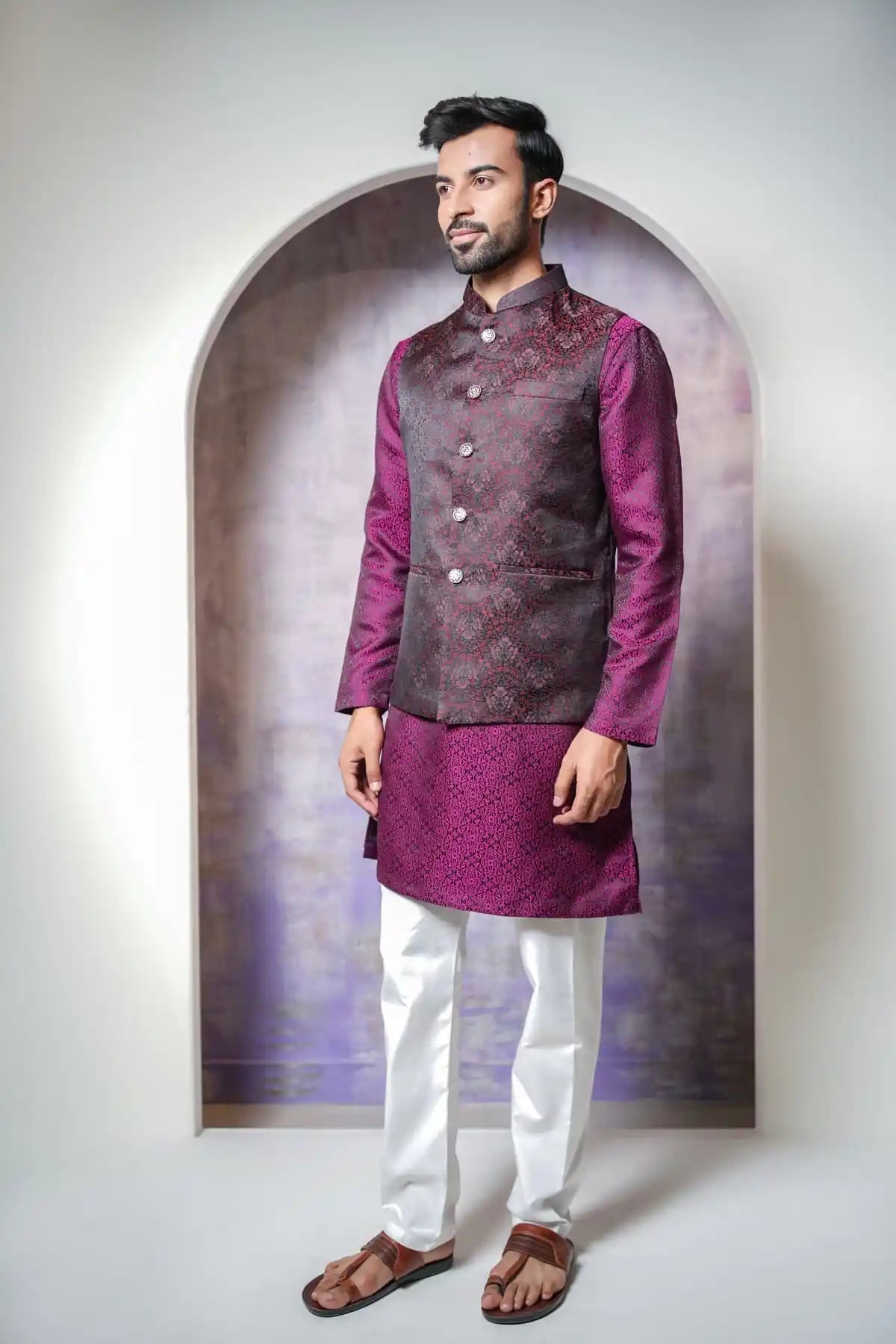 Vibrant Red Floral Nehru Jacket, Designer Jacquard Nehru Jacket - Kavarsa