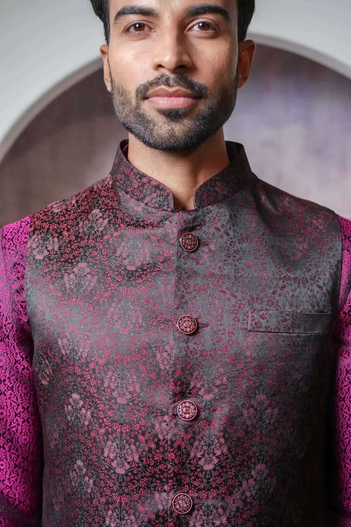 Vibrant Red Floral Nehru Jacket, Designer Jacquard Nehru Jacket - Kavarsa