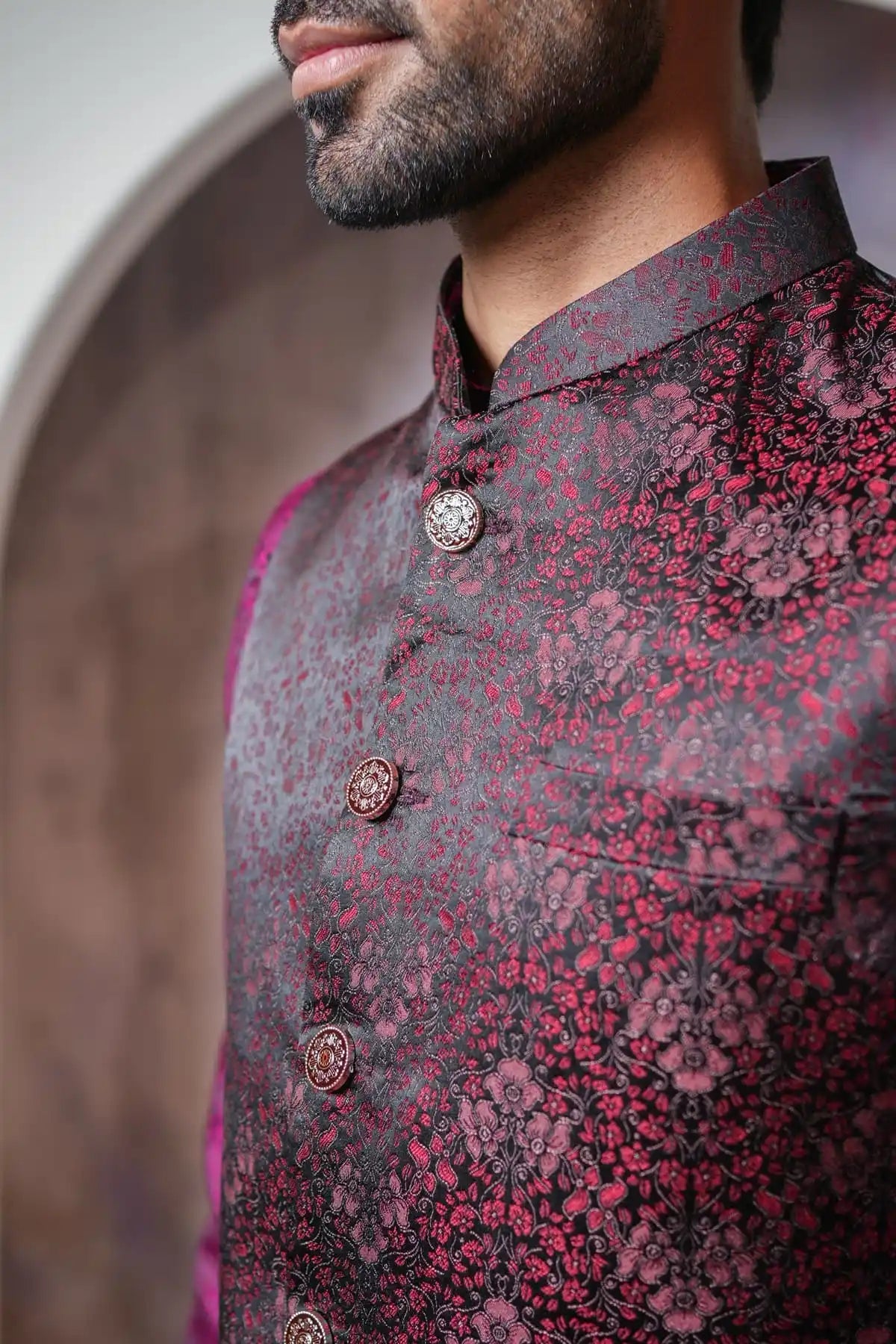 Vibrant Red Floral Nehru Jacket, Designer Jacquard Nehru Jacket - Kavarsa