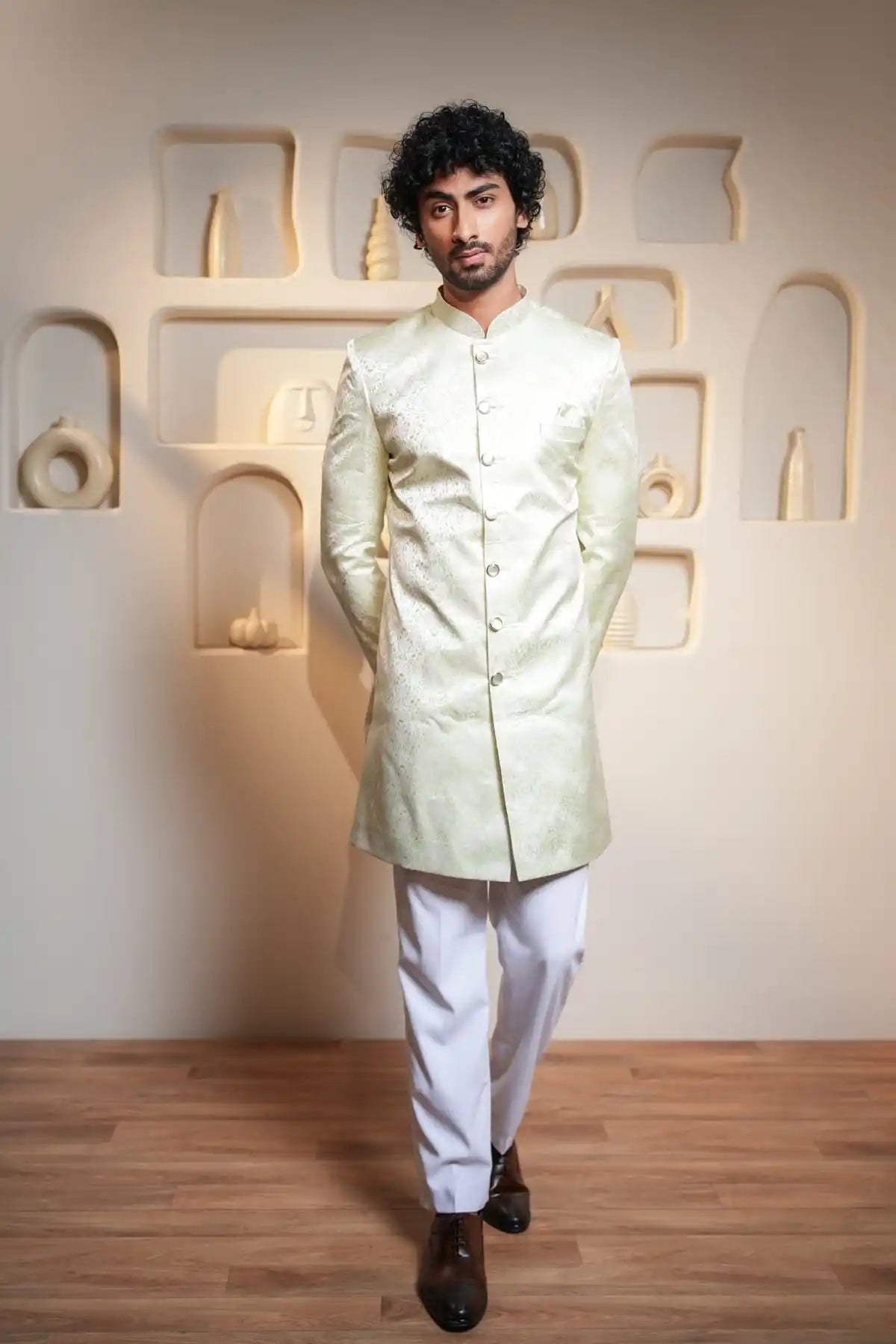 Yellow And Cream Brocade Indo-Western Sherwani, Designer Jacquard Indo-Western - Kavarsa