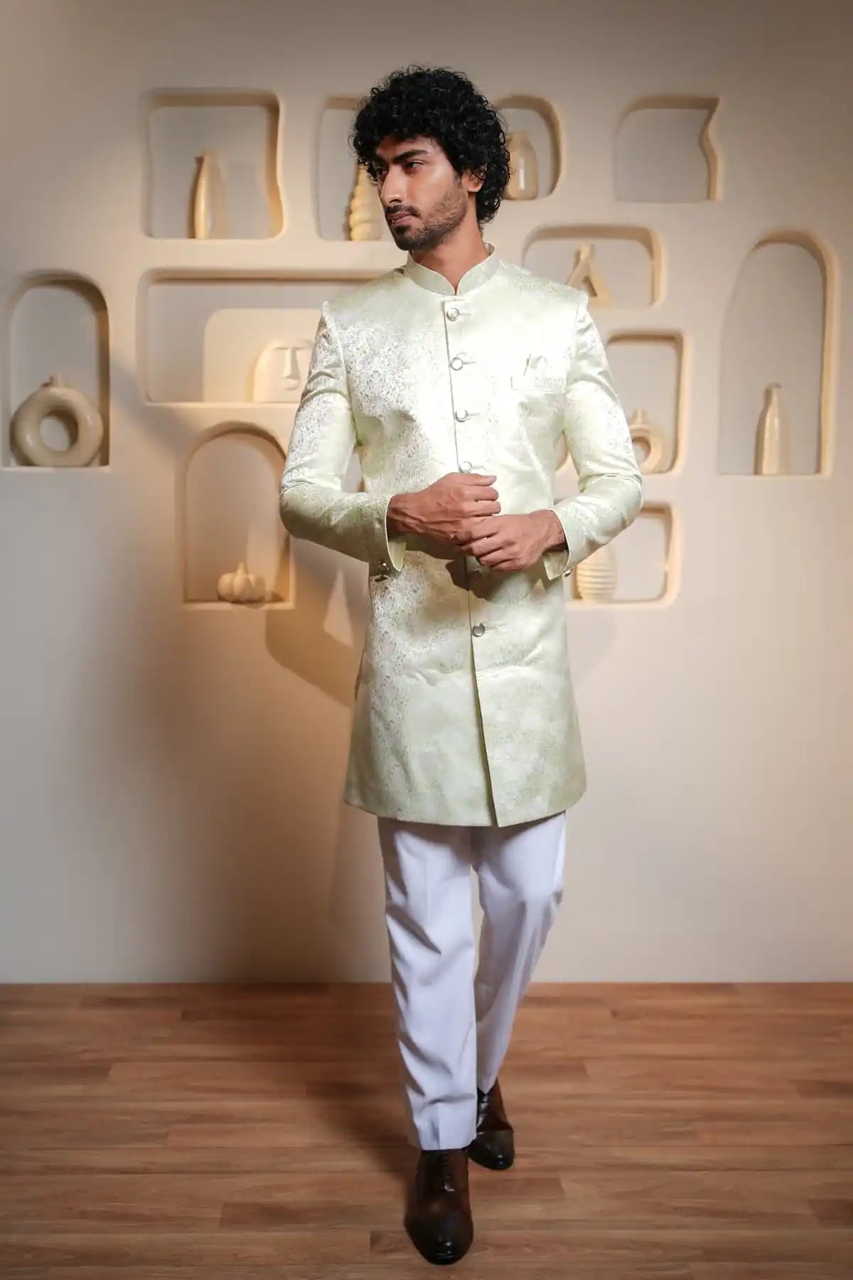 Yellow And Cream Brocade Indo-Western Sherwani, Designer Jacquard Indo-Western - Kavarsa