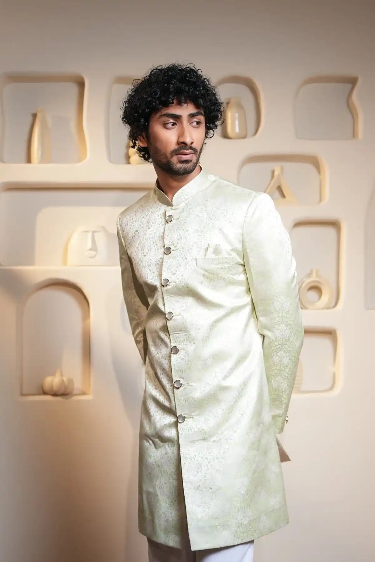 Yellow And Cream Brocade Indo-Western Sherwani, Designer Jacquard Indo-Western - Kavarsa