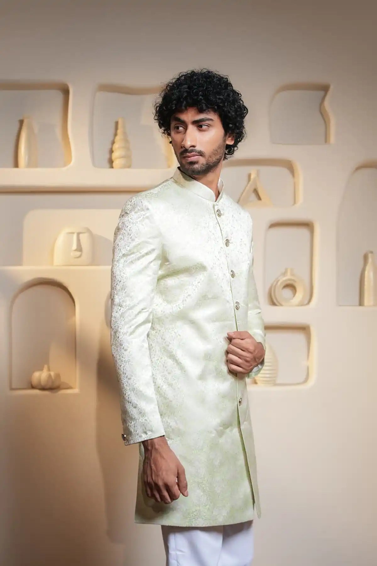 Yellow And Cream Brocade Indo-Western Sherwani, Designer Jacquard Indo-Western - Kavarsa