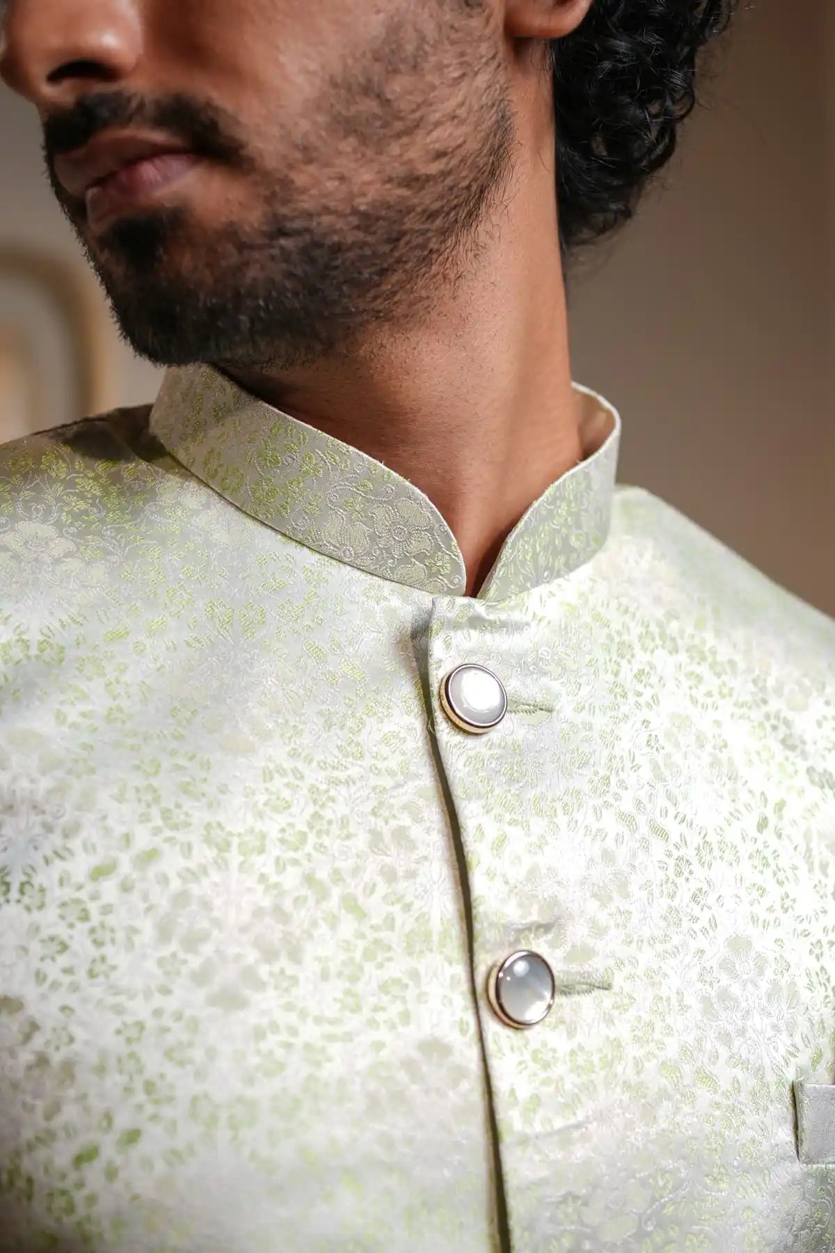 Yellow And Cream Brocade Indo-Western Sherwani, Designer Jacquard Indo-Western - Kavarsa