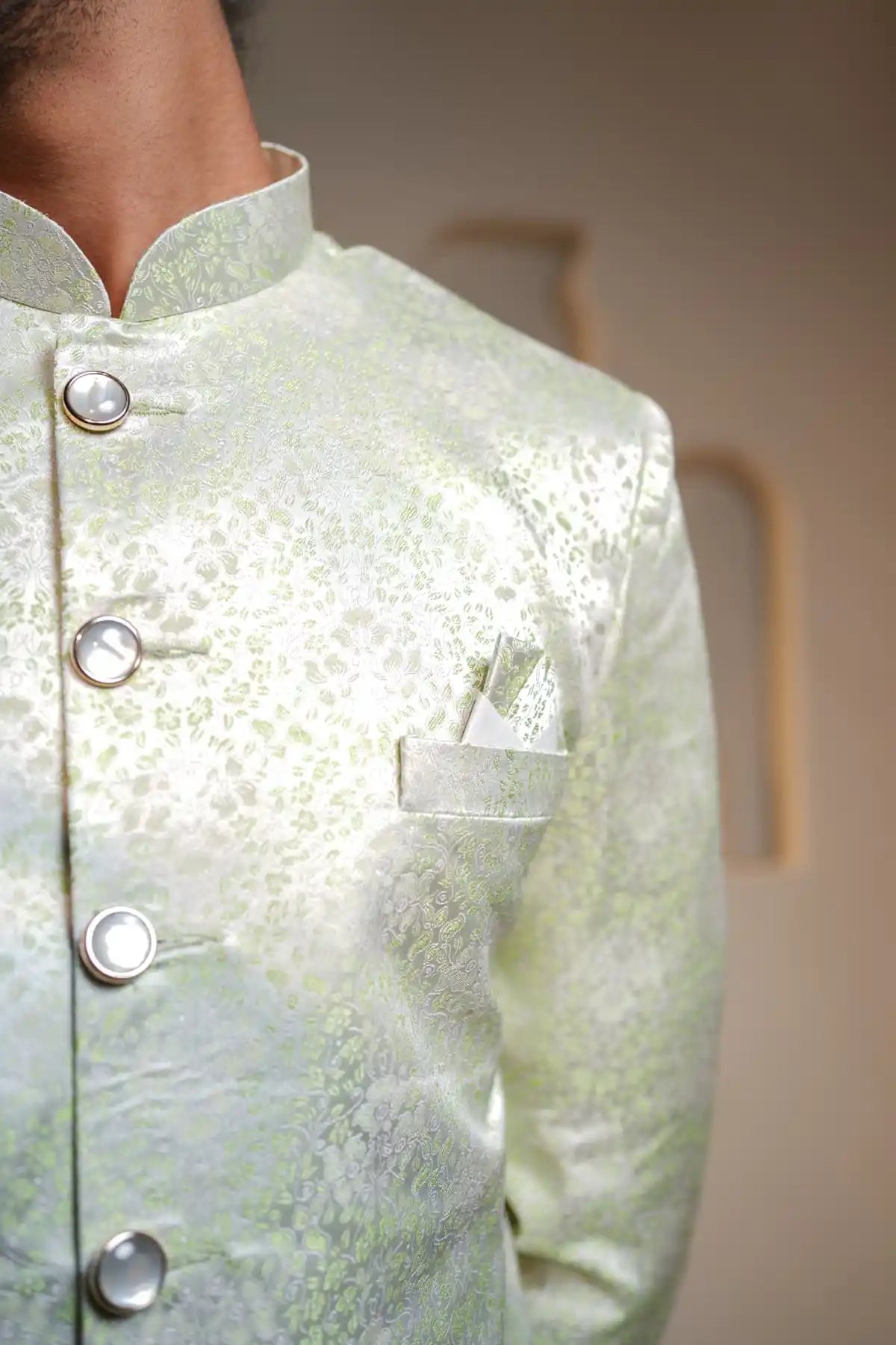 Yellow And Cream Brocade Indo-Western Sherwani, Designer Jacquard Indo-Western - Kavarsa