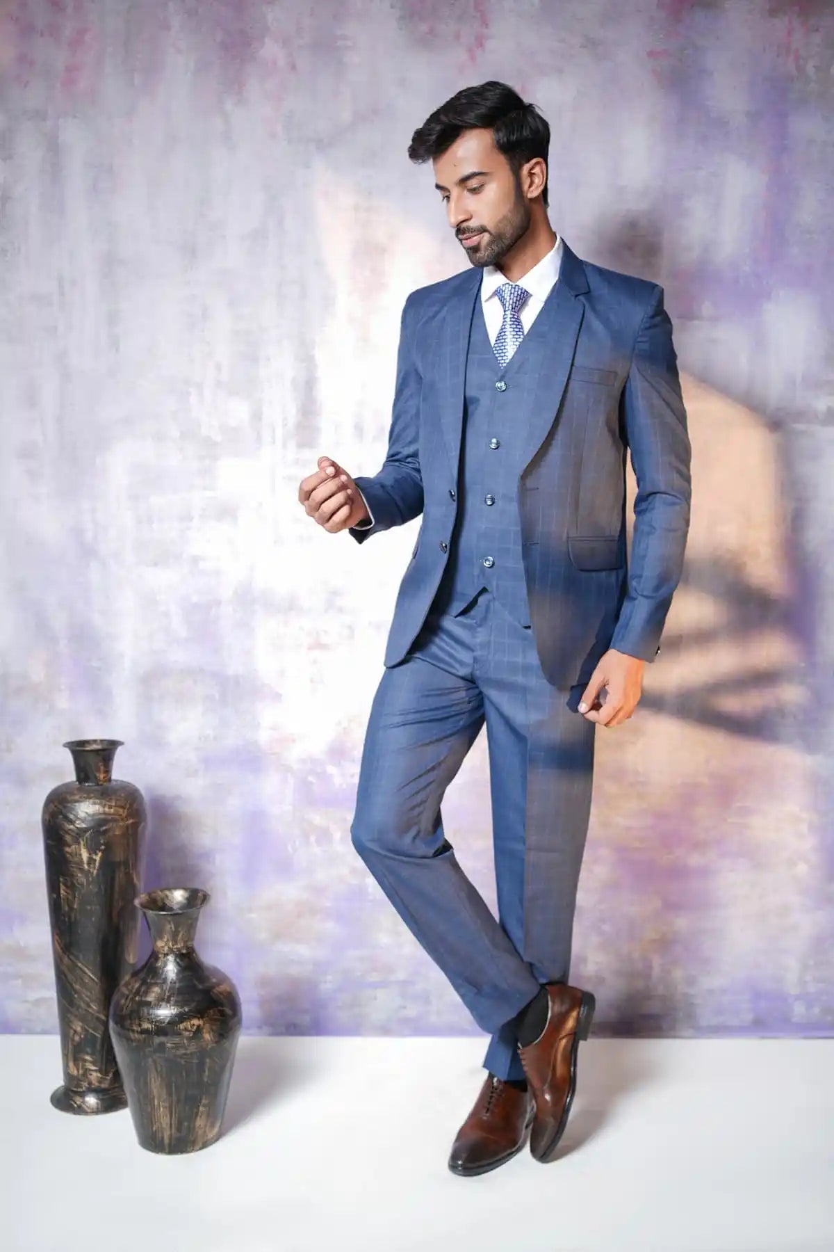 Blue Checked Three-Piece Suit, 3-PC Suit - Kavarsa
