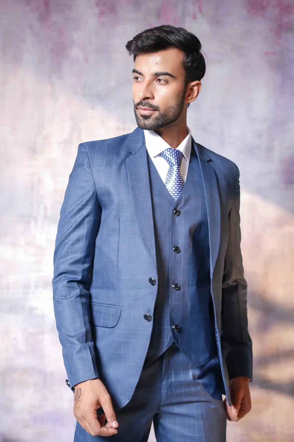 Blue Checked Three-Piece Suit, 3-PC Suit - Kavarsa