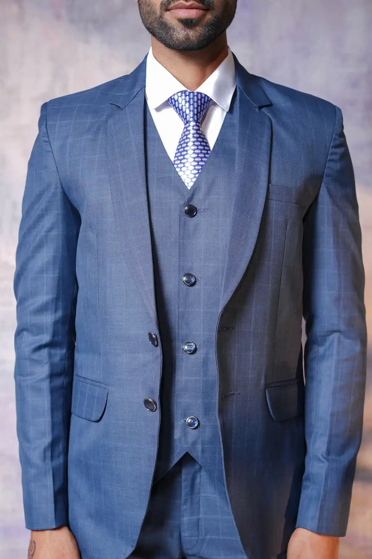 Blue Checked Three-Piece Suit, 3-PC Suit - Kavarsa