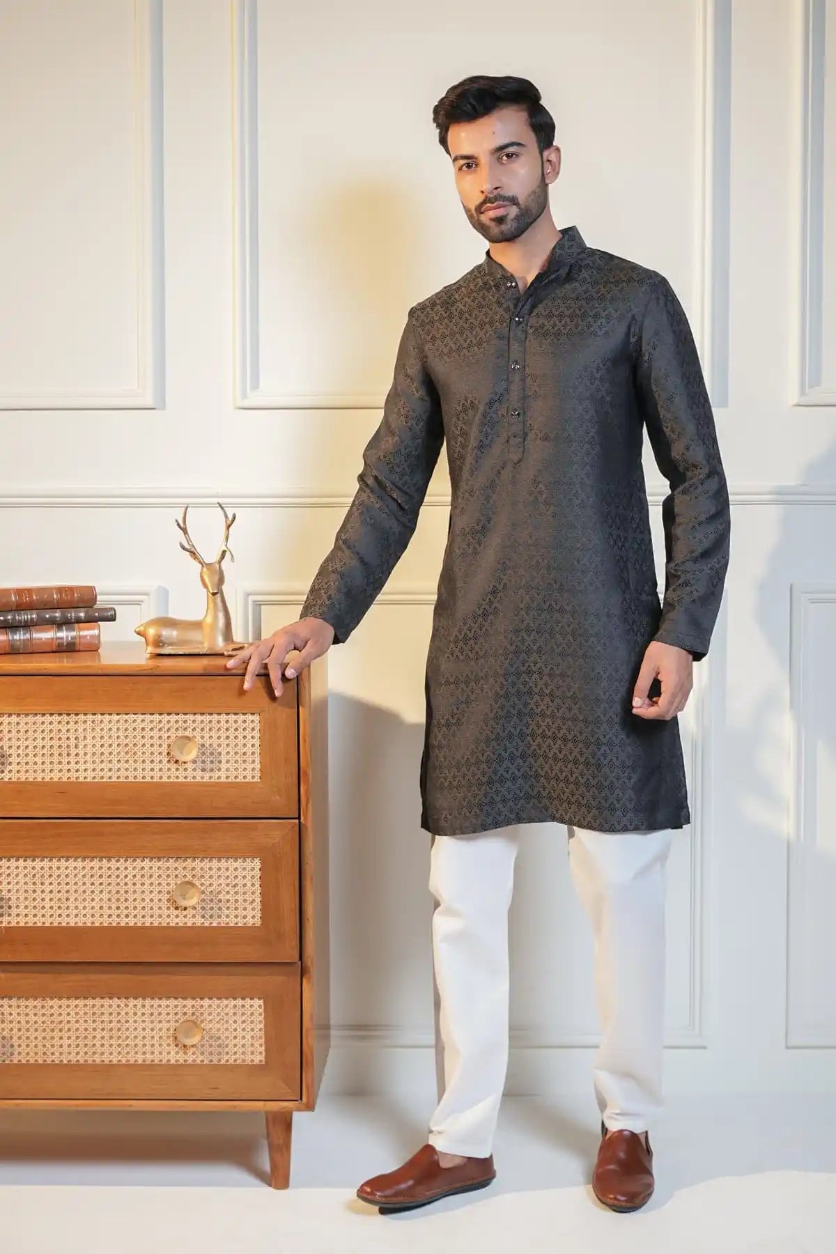 Classic Charcoal Kurta, Designer Jacquard Kurta - Kavarsa
