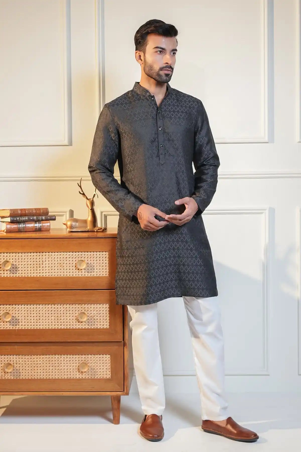 Classic Charcoal Kurta, Designer Jacquard Kurta - Kavarsa
