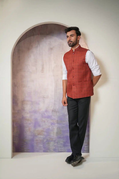 Classic Copper Red Nehru Jacket Formal Nehru Jacket - Kavarsa