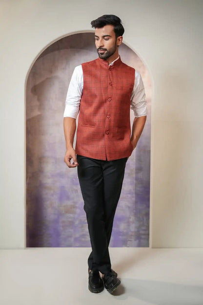 Classic Copper Red Nehru Jacket Formal Nehru Jacket - Kavarsa