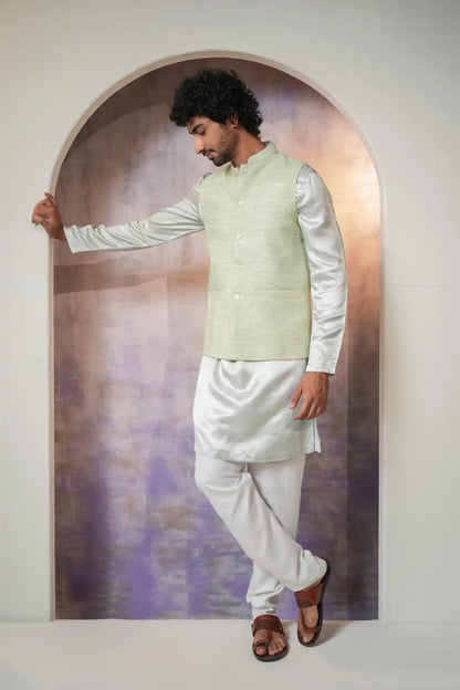 Classic Green Khadi Nehru Jacket, Khadi Nehru Jacket - Kavarsa