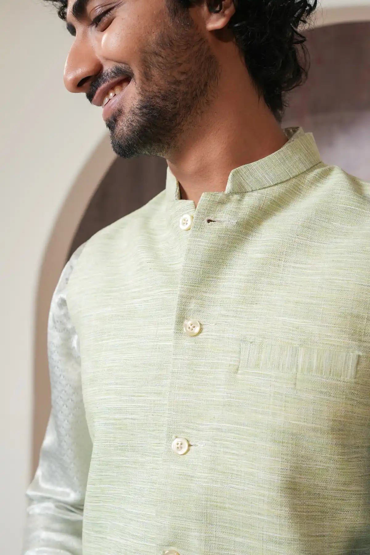 Classic Green Khadi Nehru Jacket, Khadi Nehru Jacket - Kavarsa