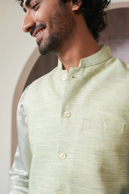 Classic Green Khadi Nehru Jacket, Khadi Nehru Jacket - Kavarsa
