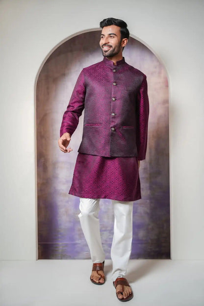 Classic Magenta Dye Nehru Jacket, Designer Jacquard Nehru Jacket - Kavarsa
