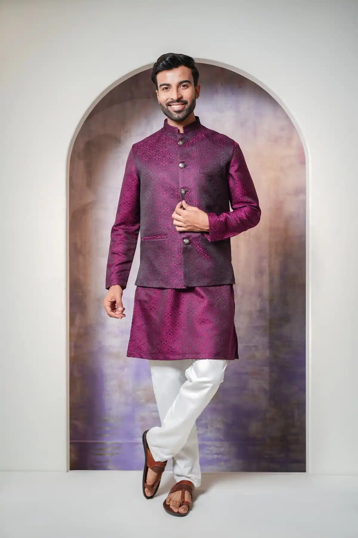 Classic Magenta Dye Nehru Jacket, Designer Jacquard Nehru Jacket - Kavarsa