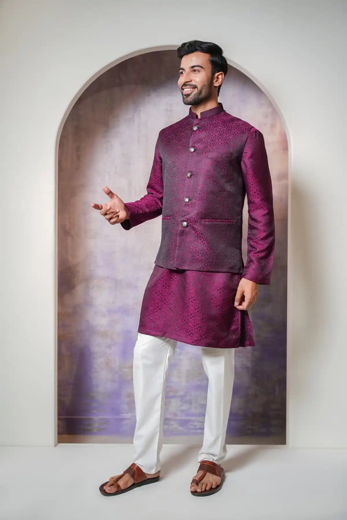 Classic Magenta Dye Nehru Jacket, Designer Jacquard Nehru Jacket - Kavarsa