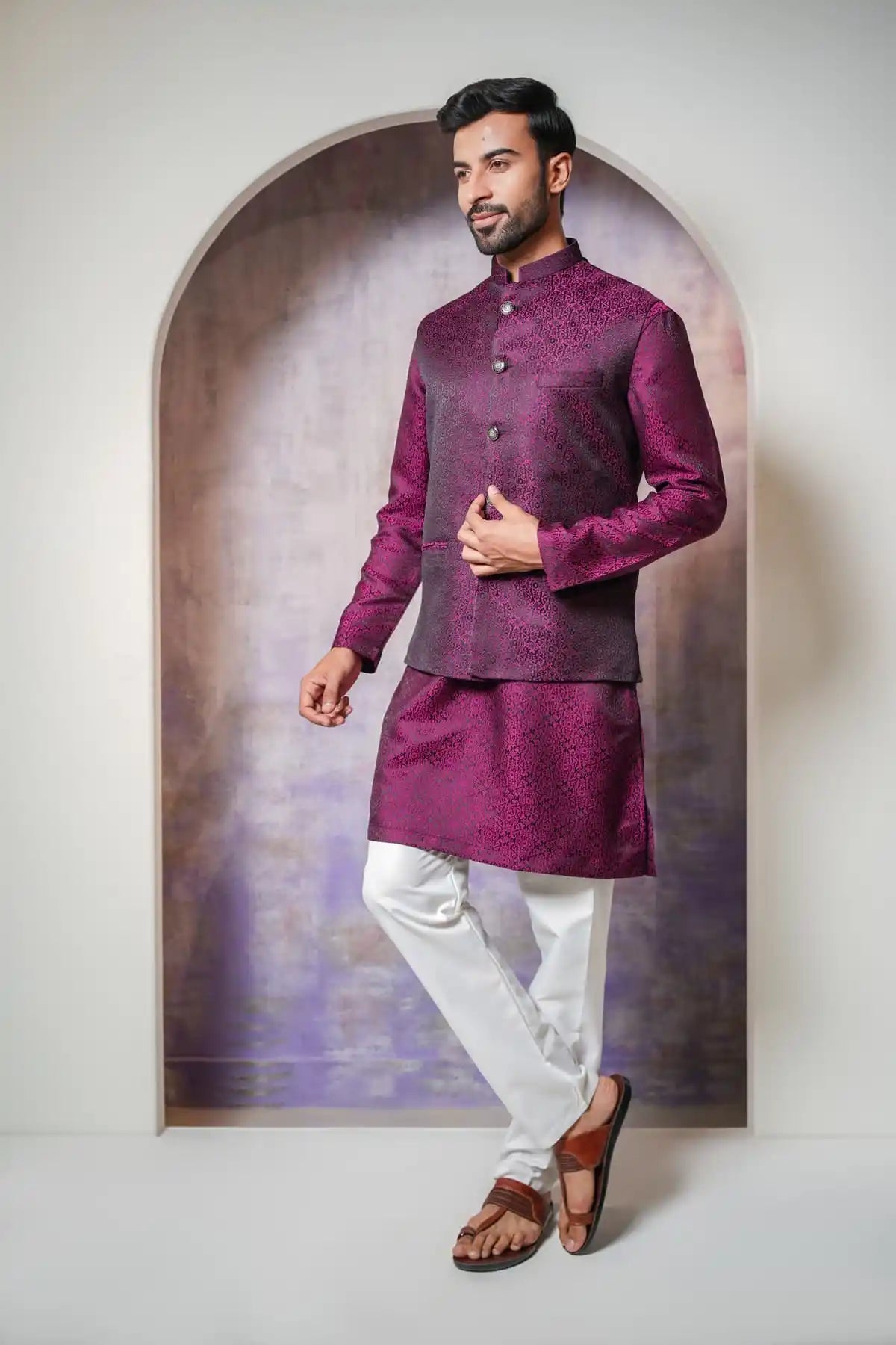 Classic Magenta Dye Nehru Jacket, Designer Jacquard Nehru Jacket - Kavarsa