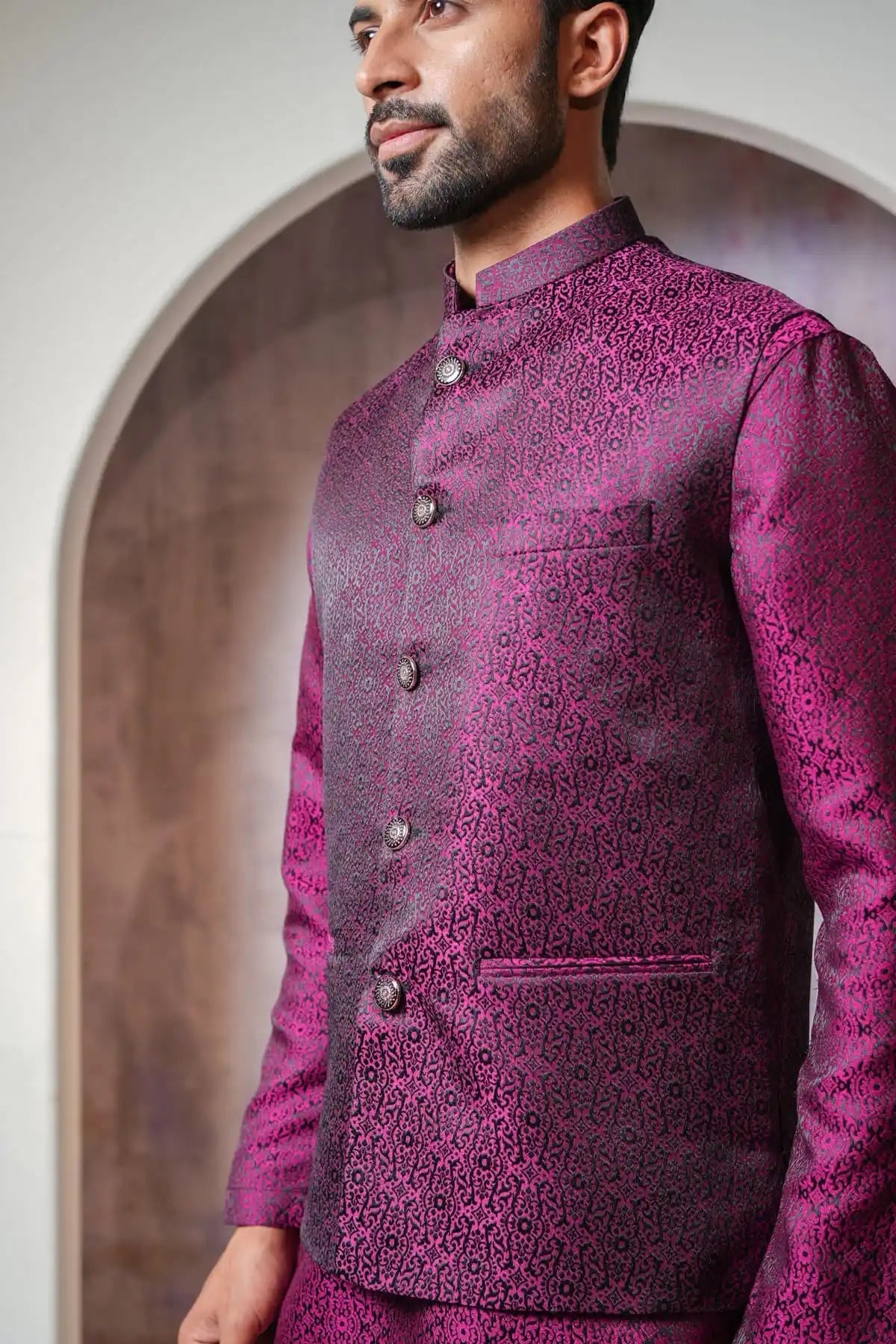 Classic Magenta Dye Nehru Jacket, Designer Jacquard Nehru Jacket - Kavarsa