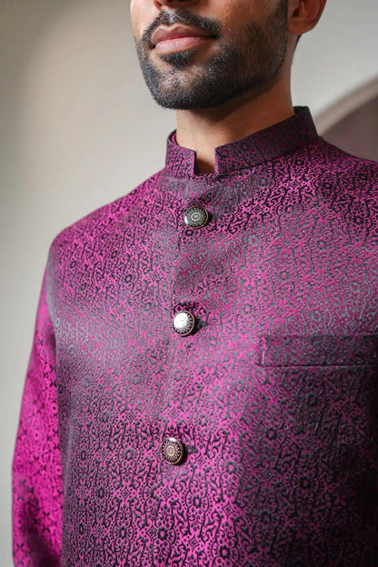 Classic Magenta Dye Nehru Jacket, Designer Jacquard Nehru Jacket - Kavarsa