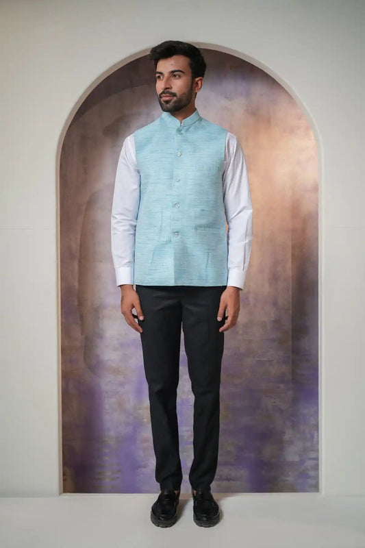 Classic Sky Blue Nehru Jacket, Khadi Nehru Jacket - Kavarsa