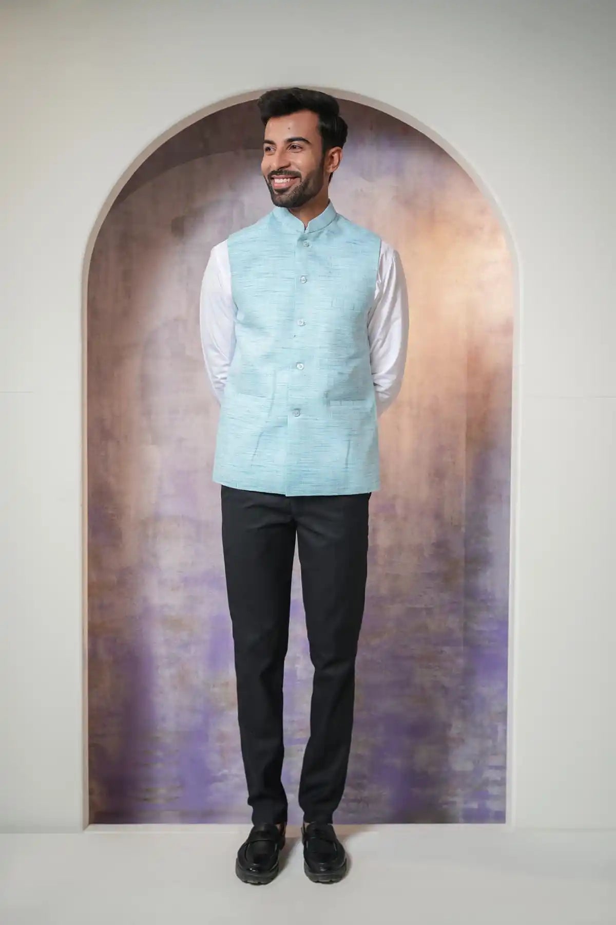 Classic Sky Blue Nehru Jacket, Khadi Nehru Jacket - Kavarsa