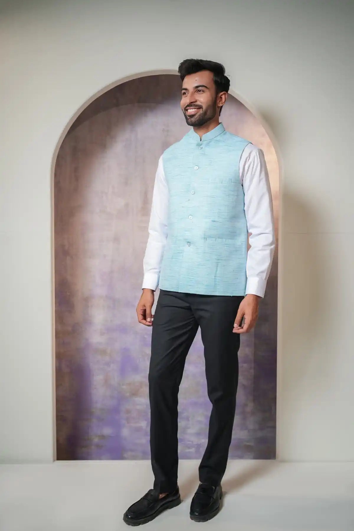 Classic Sky Blue Nehru Jacket, Khadi Nehru Jacket - Kavarsa