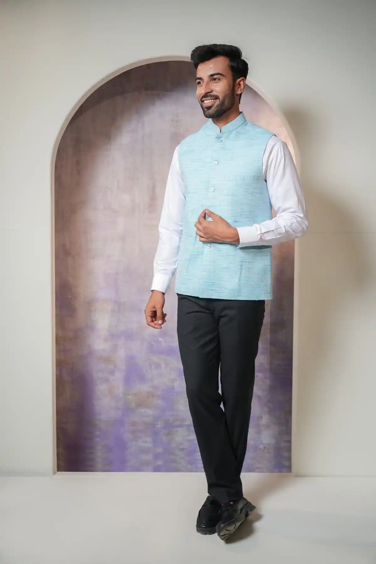 Classic Sky Blue Nehru Jacket, Khadi Nehru Jacket - Kavarsa