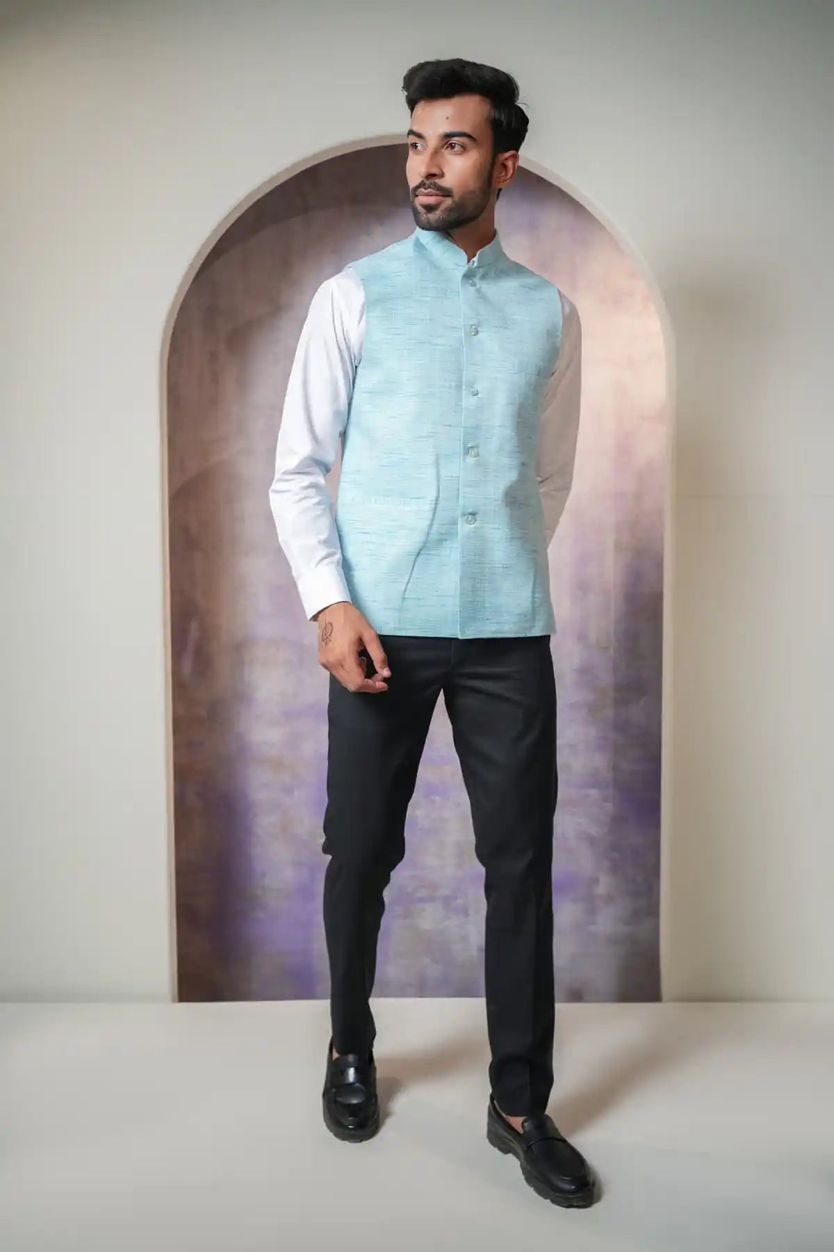 Classic Sky Blue Nehru Jacket, Khadi Nehru Jacket - Kavarsa