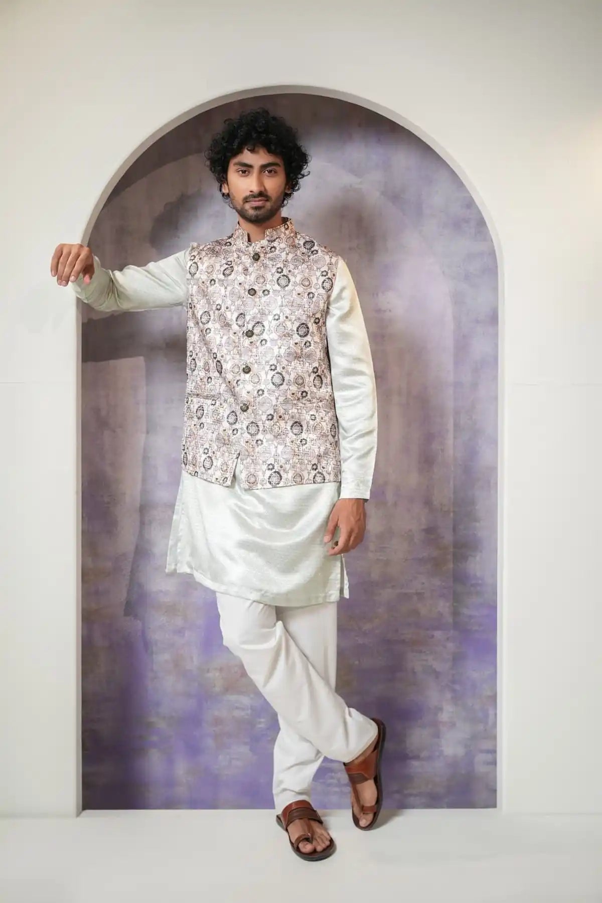 Classic White Multicolor Nehru Jacket, Digital Print Nehru Jacket - Kavarsa