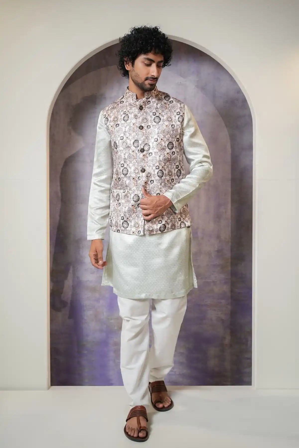 Classic White Multicolor Nehru Jacket, Digital Print Nehru Jacket - Kavarsa