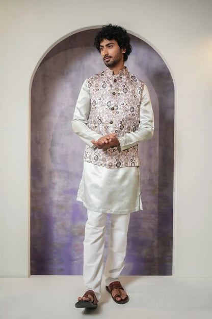Classic White Multicolor Nehru Jacket, Digital Print Nehru Jacket - Kavarsa