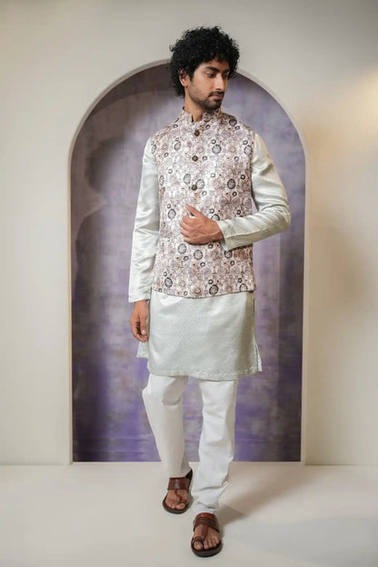 Classic White Multicolor Nehru Jacket, Digital Print Nehru Jacket - Kavarsa