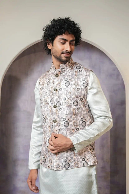 Classic White Multicolor Nehru Jacket, Digital Print Nehru Jacket - Kavarsa