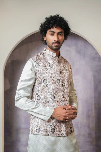 Classic White Multicolor Nehru Jacket, Digital Print Nehru Jacket - Kavarsa
